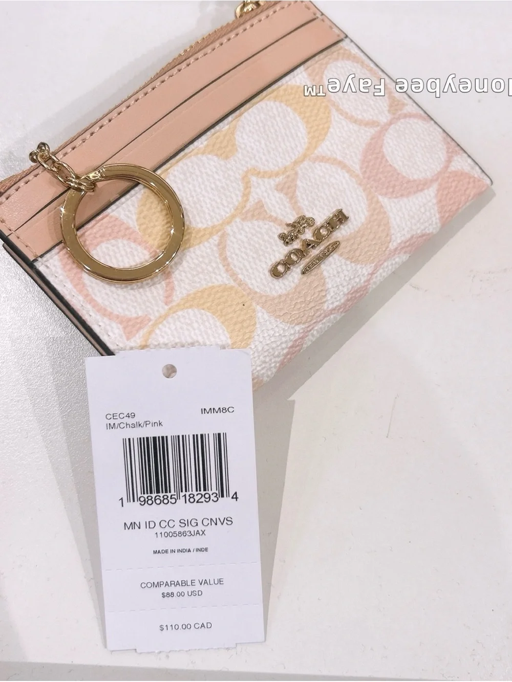 Coach skinny card case in Signature Canvas Card Case Keyring in Pink & Cream